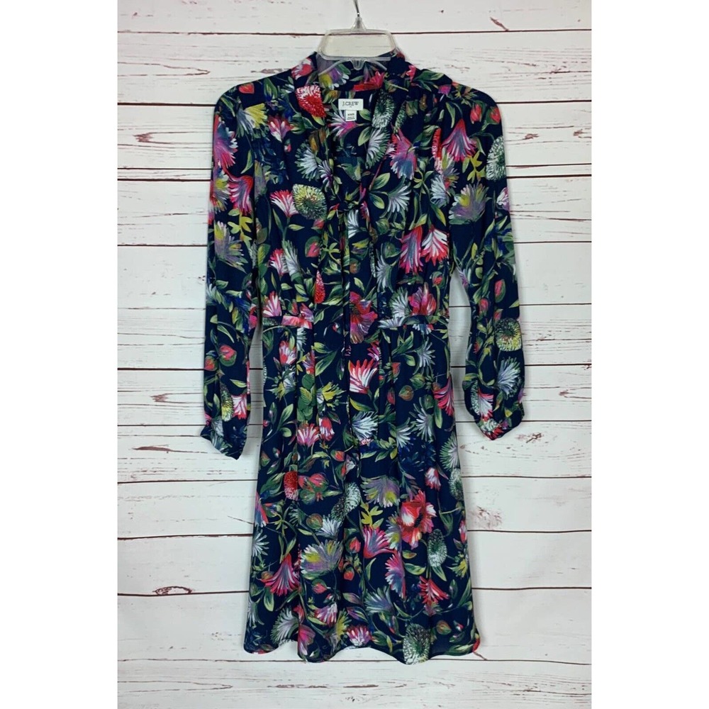 J.Crew Women's XXS Navy Blue Floral Long Sleeve Tie Neck Elastic Waist Dress